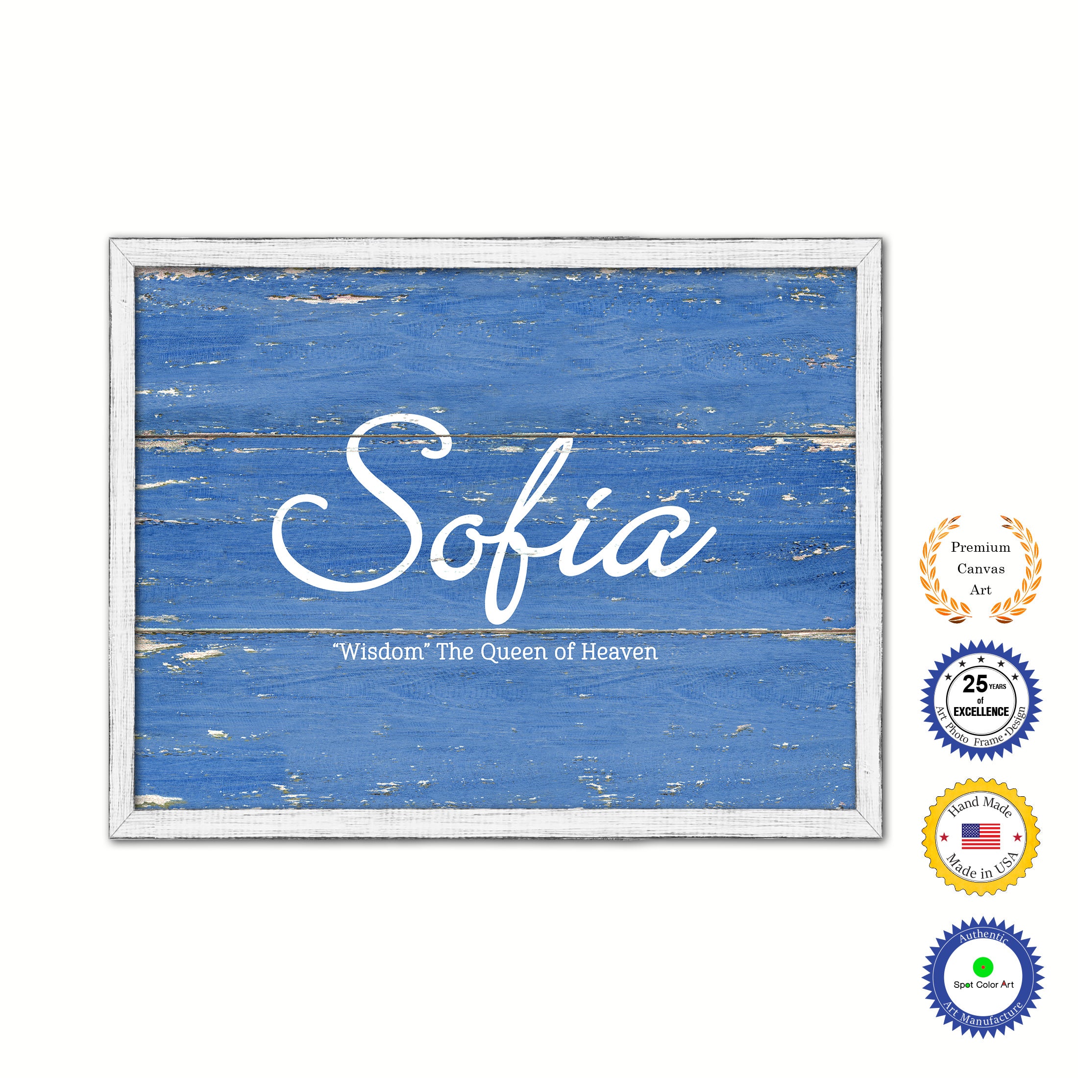 Sofia Name Plate White Wash Wood Frame Canvas Print Boutique Cottage Decor Shabby Chic