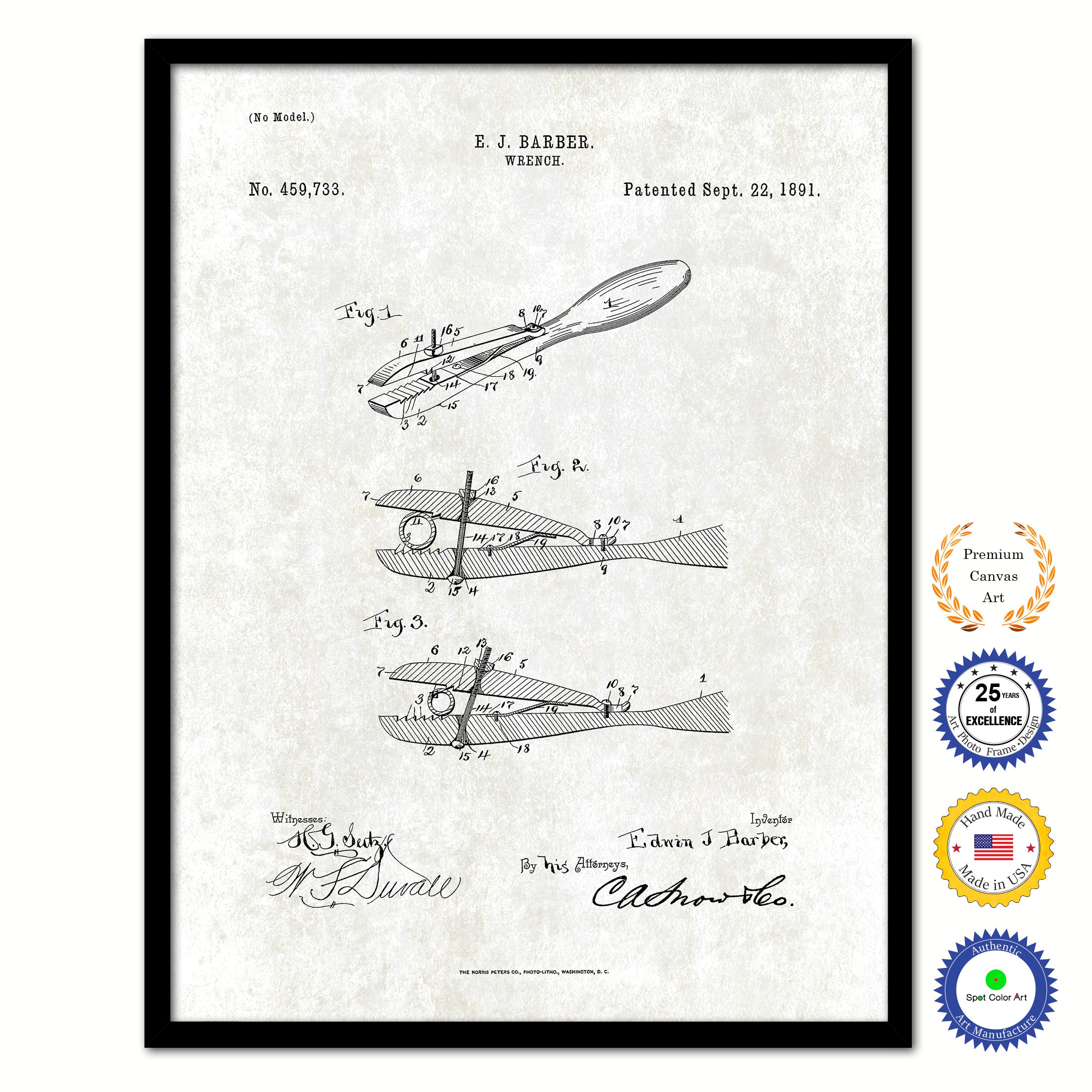 1891 Wrench Old Patent Art Print on Canvas Custom Framed Vintage Home Decor Wall Decoration Great for Gifts