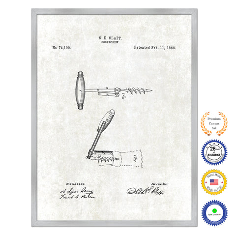 1868 Wine Corkscrew Old Patent Art Print on Canvas Custom Framed Vintage Home Decor Wall Decoration Great for Gifts