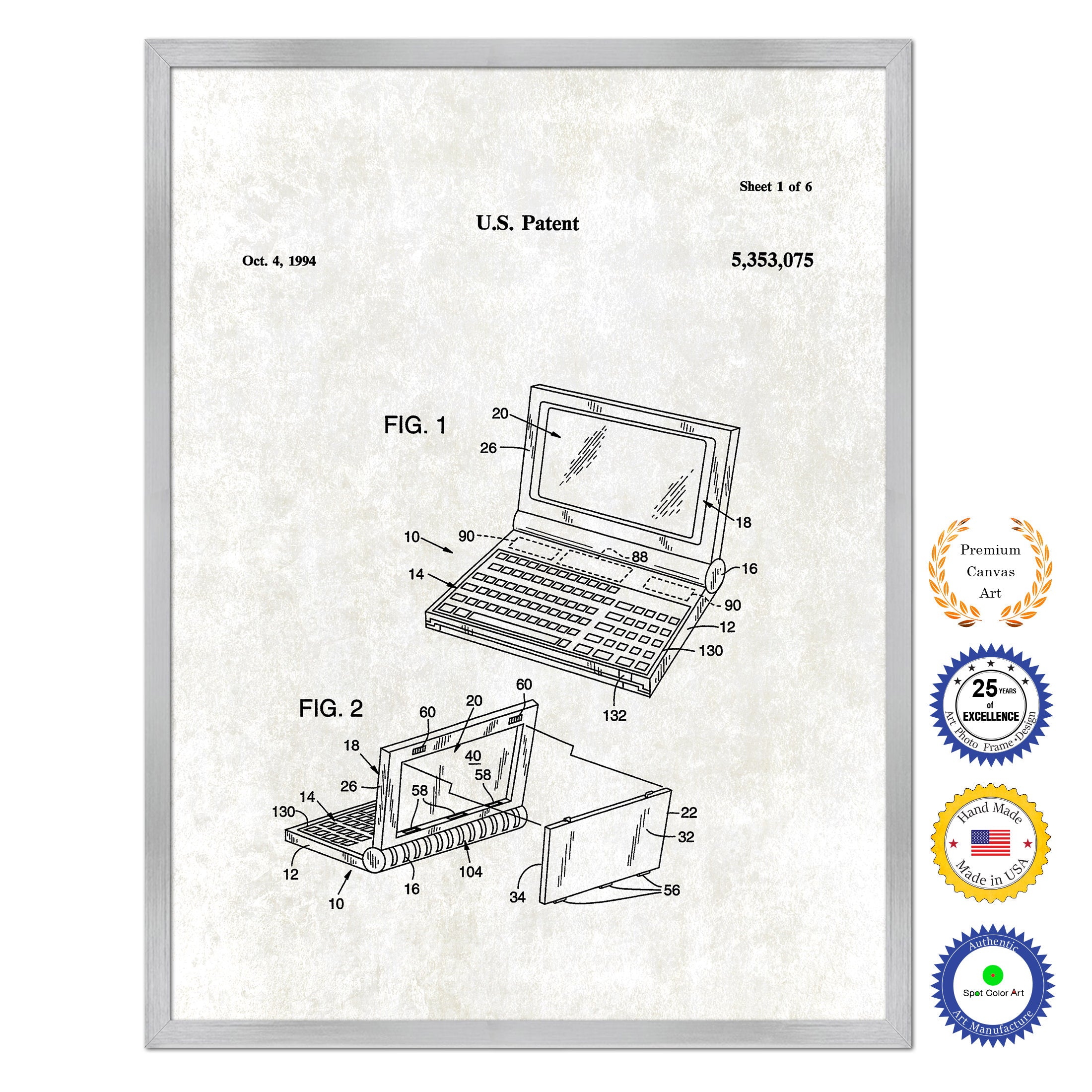 1994 Convertible flat panel display system Old Patent Art Print on Canvas Custom Framed Vintage Home Decor Wall Decoration Great for Gifts