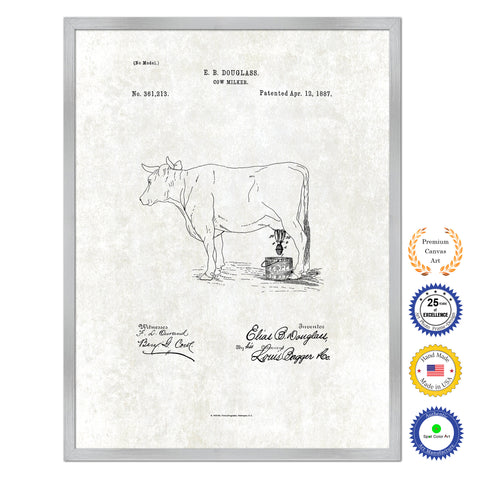 1887 Farming Cow Milker Antique Patent Artwork Silver Framed Canvas Print Home Office Decor Great for Farmer Milk Lover Cattle Rancher
