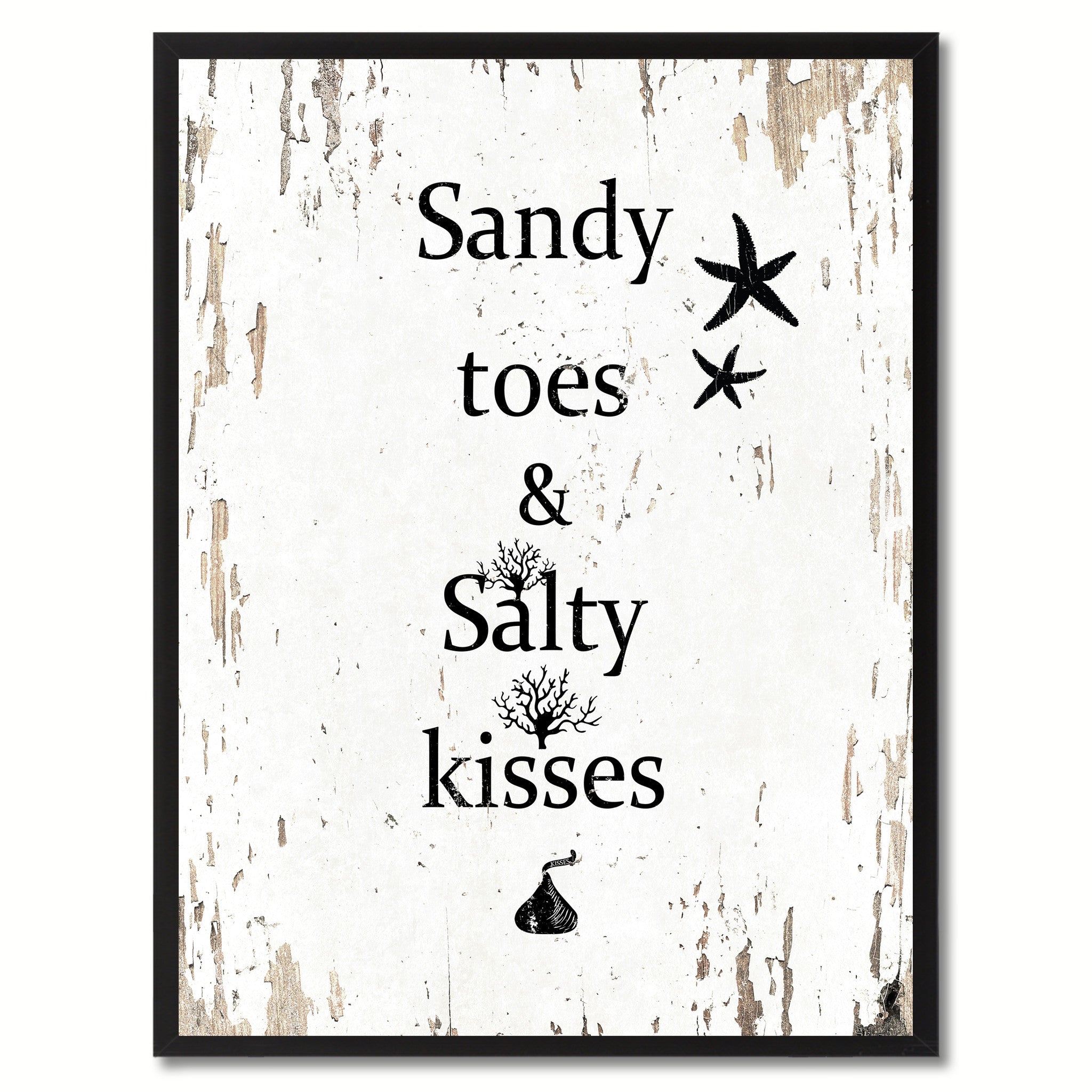 Sandy Toes & Salty Kisses Saying Canvas Print, Black Picture Frame Home Decor Wall Art Gifts