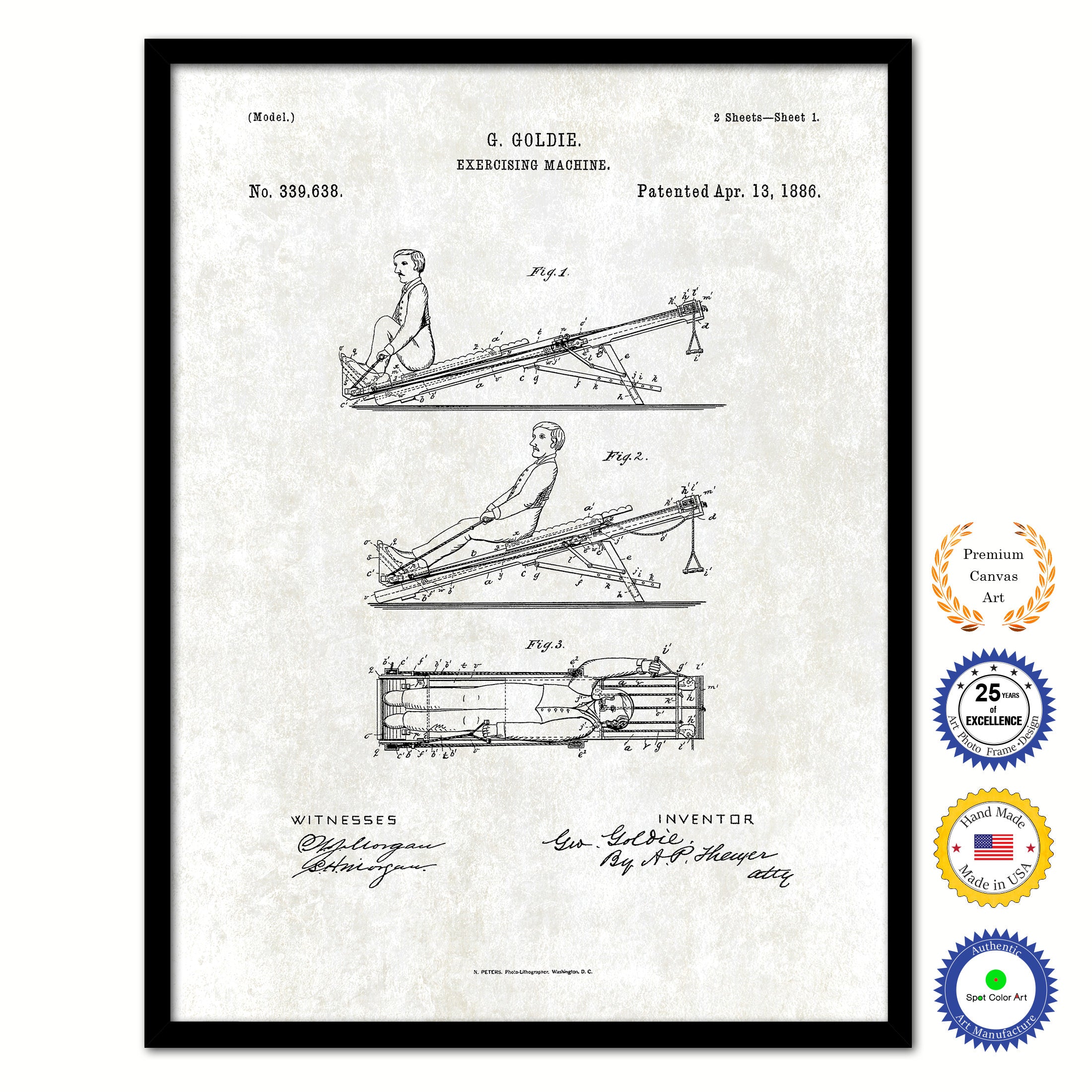 1886 Exercising Machine Old Patent Art Print on Canvas Custom Framed Vintage Home Decor Wall Decoration Great for Gifts