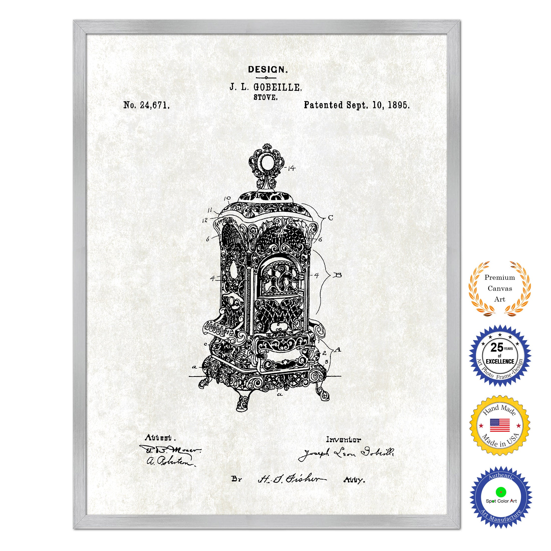 1895 Stove Old Patent Art Print on Canvas Custom Framed Vintage Home Decor Wall Decoration Great for Gifts