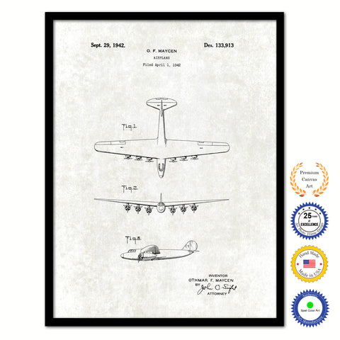 1942 Airplane Vintage Patent Artwork Black Framed Canvas Print Home Office Decor Great for Pilot Gift