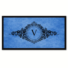 Alphabet Letter V Blue Canvas Print, Black Custom Frame