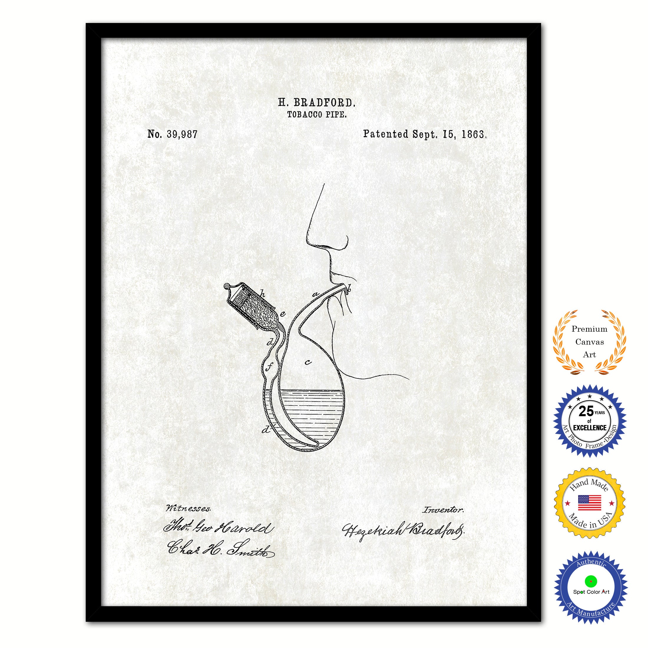 1863 Tobacco Pipe Old Patent Art Print on Canvas Custom Framed Vintage Home Decor Wall Decoration Great for Gifts
