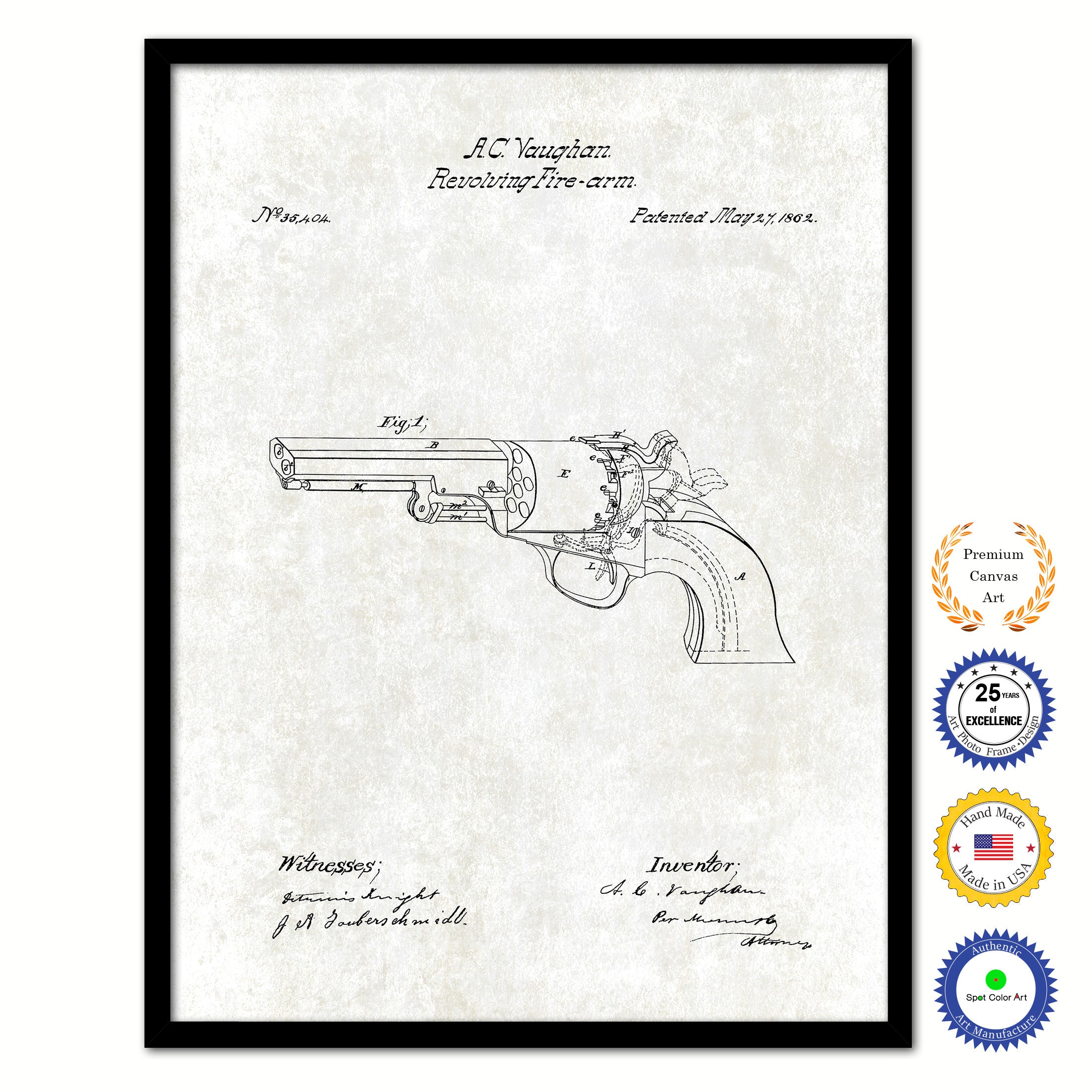 1862 Revolving Fire Arm Old Patent Art Print on Canvas Custom Framed Vintage Home Decor Wall Decoration Great for Gifts