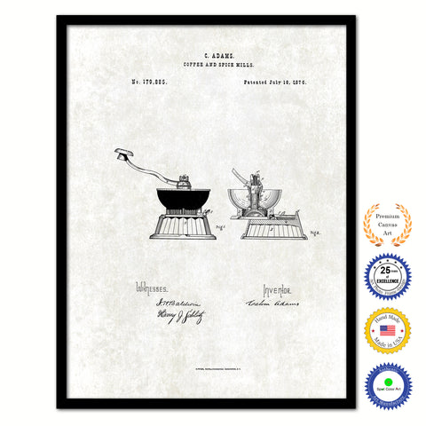 1876 Coffee and Spice Mills Vintage Patent Artwork Black Framed Canvas Print Home Office Decor Great for Coffee Spice Lover Cafe Shop