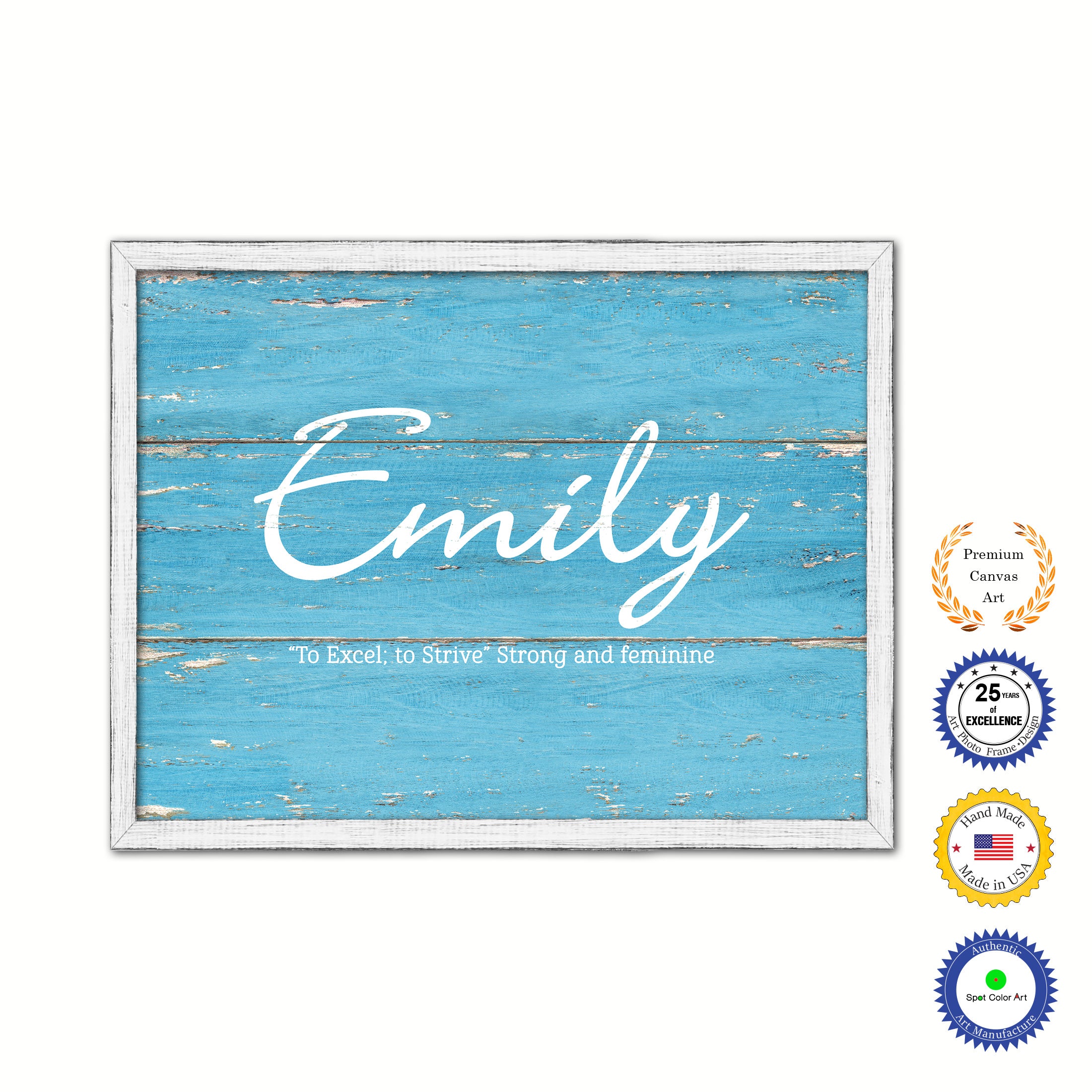 Emily Name Plate White Wash Wood Frame Canvas Print Boutique Cottage Decor Shabby Chic