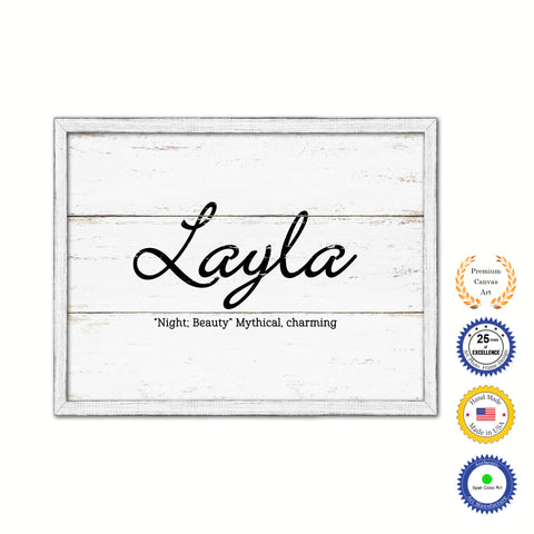 Layla Name Plate White Wash Wood Frame Canvas Print Boutique Cottage Decor Shabby Chic