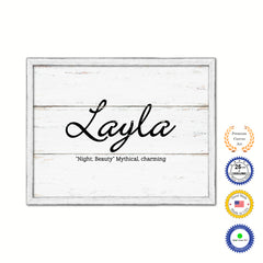 Layla Name Plate White Wash Wood Frame Canvas Print Boutique Cottage Decor Shabby Chic