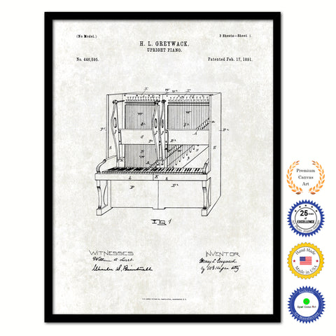 1891 Upright Piano Old Patent Art Print on Canvas Custom Framed Vintage Home Decor Wall Decoration Great for Gifts