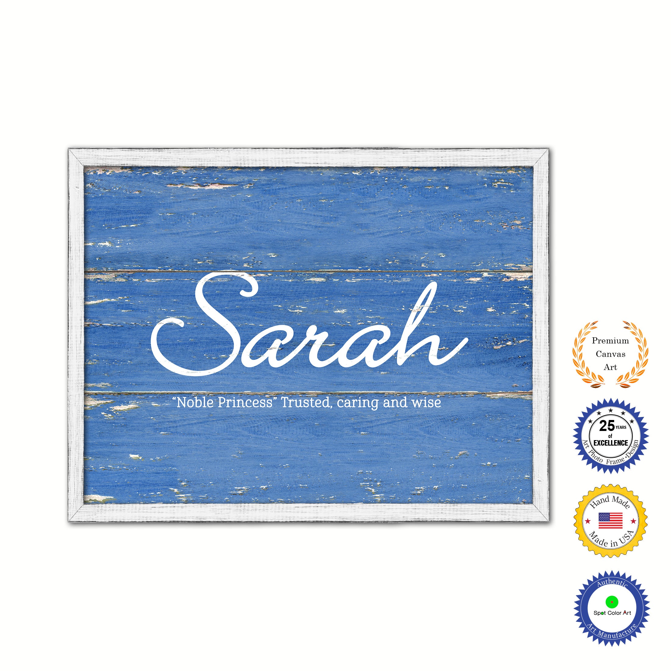 Sarah Name Plate White Wash Wood Frame Canvas Print Boutique Cottage Decor Shabby Chic
