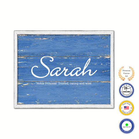 Sarah Name Plate White Wash Wood Frame Canvas Print Boutique Cottage Decor Shabby Chic
