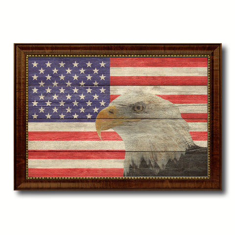 USA Eagle American Flag Texture Canvas Print with Brown Picture Frame Gifts Home Decor Wall Art Collectible Decoration Artwork