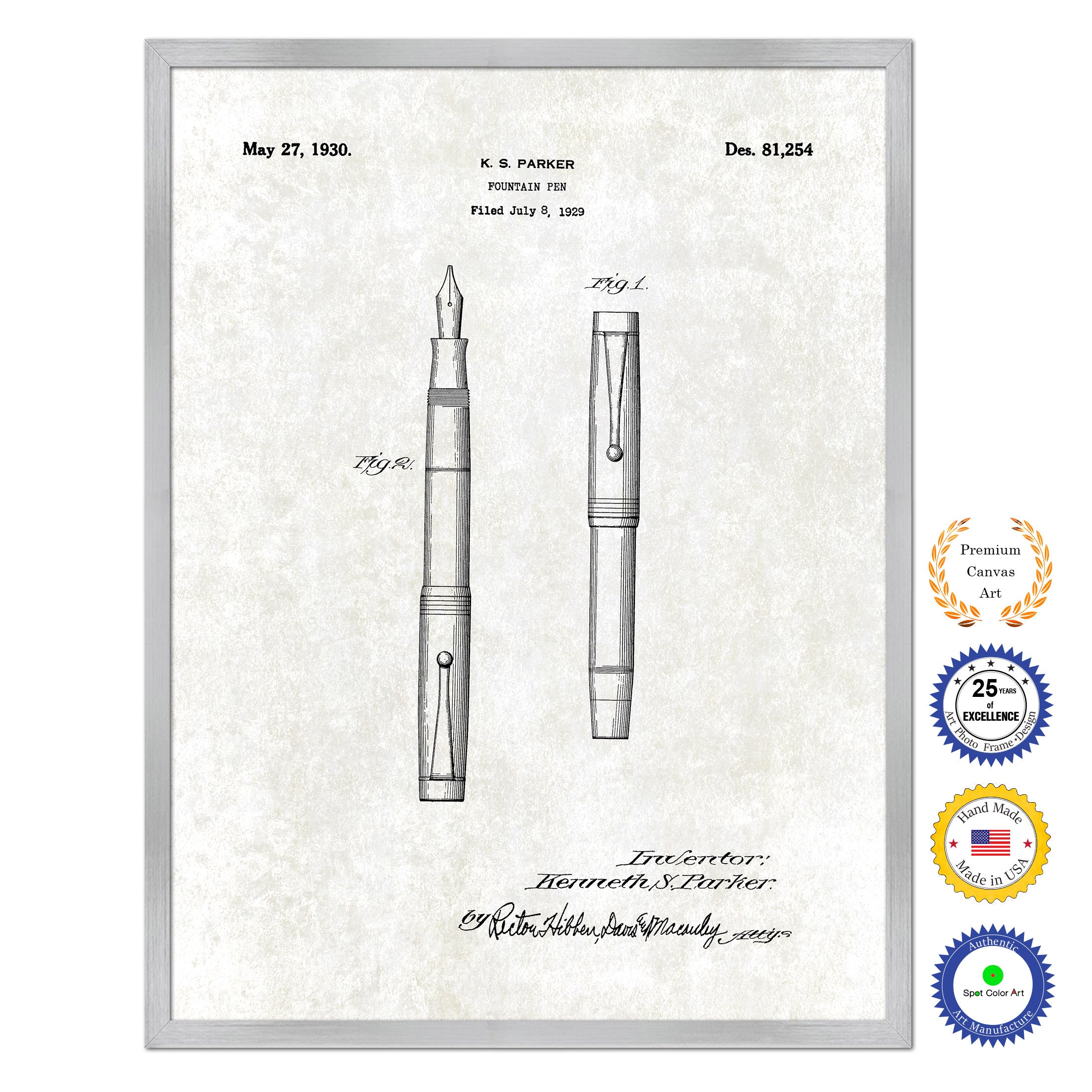 1930 Fountain Pen Old Patent Art Print on Canvas Custom Framed Vintage Home Decor Wall Decoration Great for Gifts