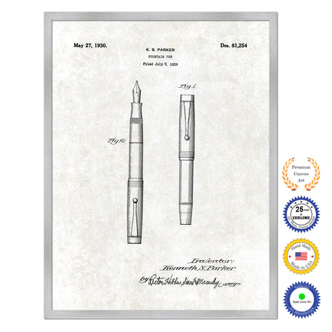 1930 Fountain Pen Old Patent Art Print on Canvas Custom Framed Vintage Home Decor Wall Decoration Great for Gifts