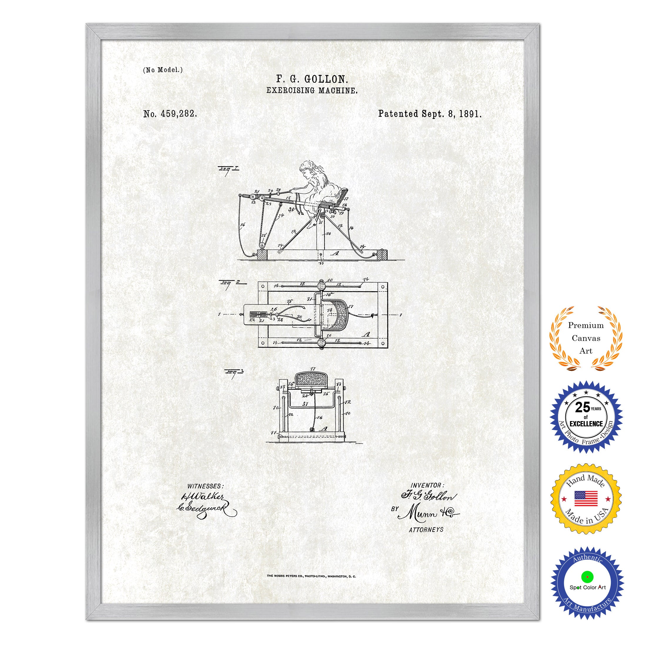 1891 Exercising Machine Old Patent Art Print on Canvas Custom Framed Vintage Home Decor Wall Decoration Great for Gifts