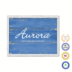 Aurora Name Plate White Wash Wood Frame Canvas Print Boutique Cottage Decor Shabby Chic