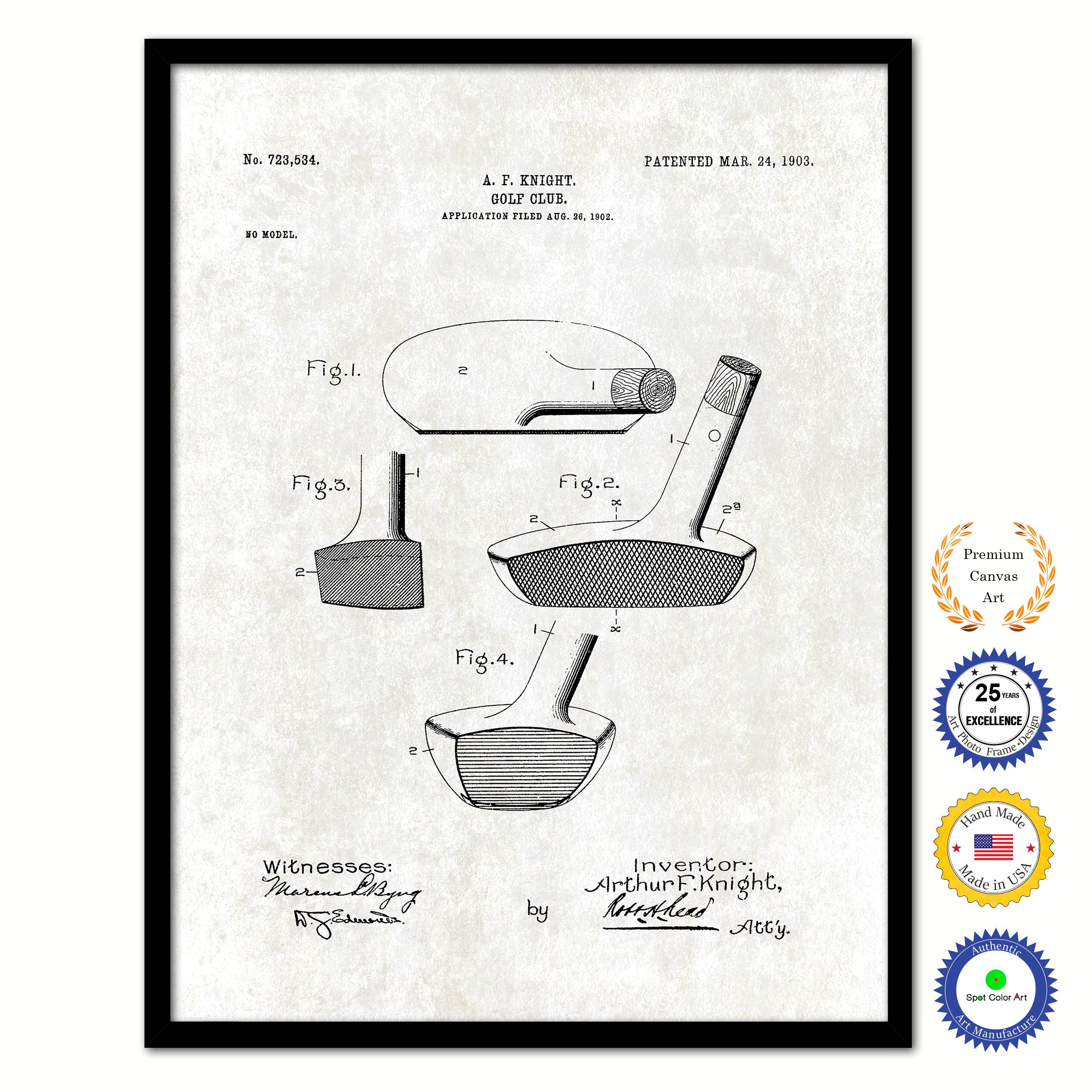 1903 Golf Club Old Patent Art Print on Canvas Custom Framed Vintage Home Decor Wall Decoration Great for Gifts