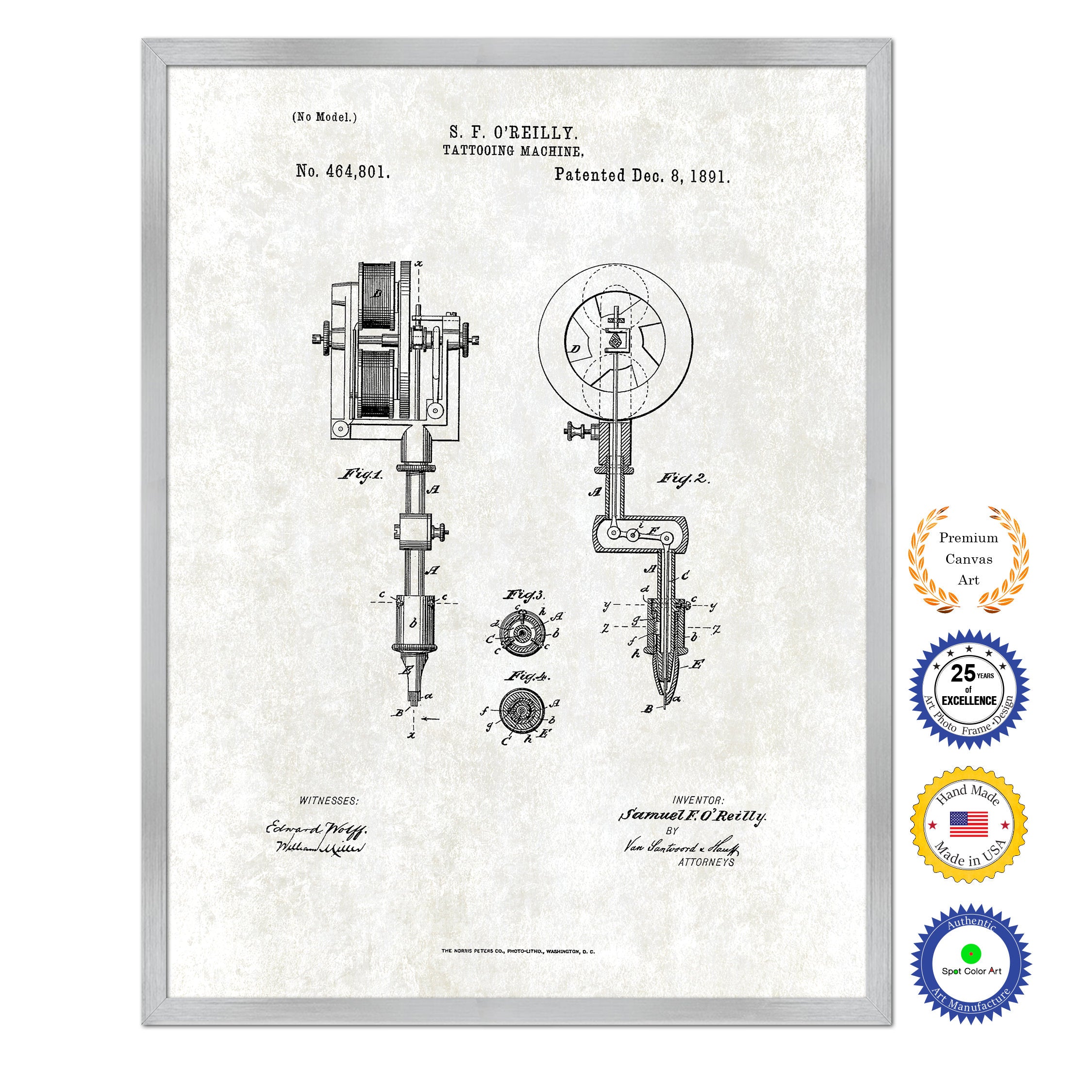 1891 Tattooing Machine Old Patent Art Print on Canvas Custom Framed Vintage Home Decor Wall Decoration Great for Gifts