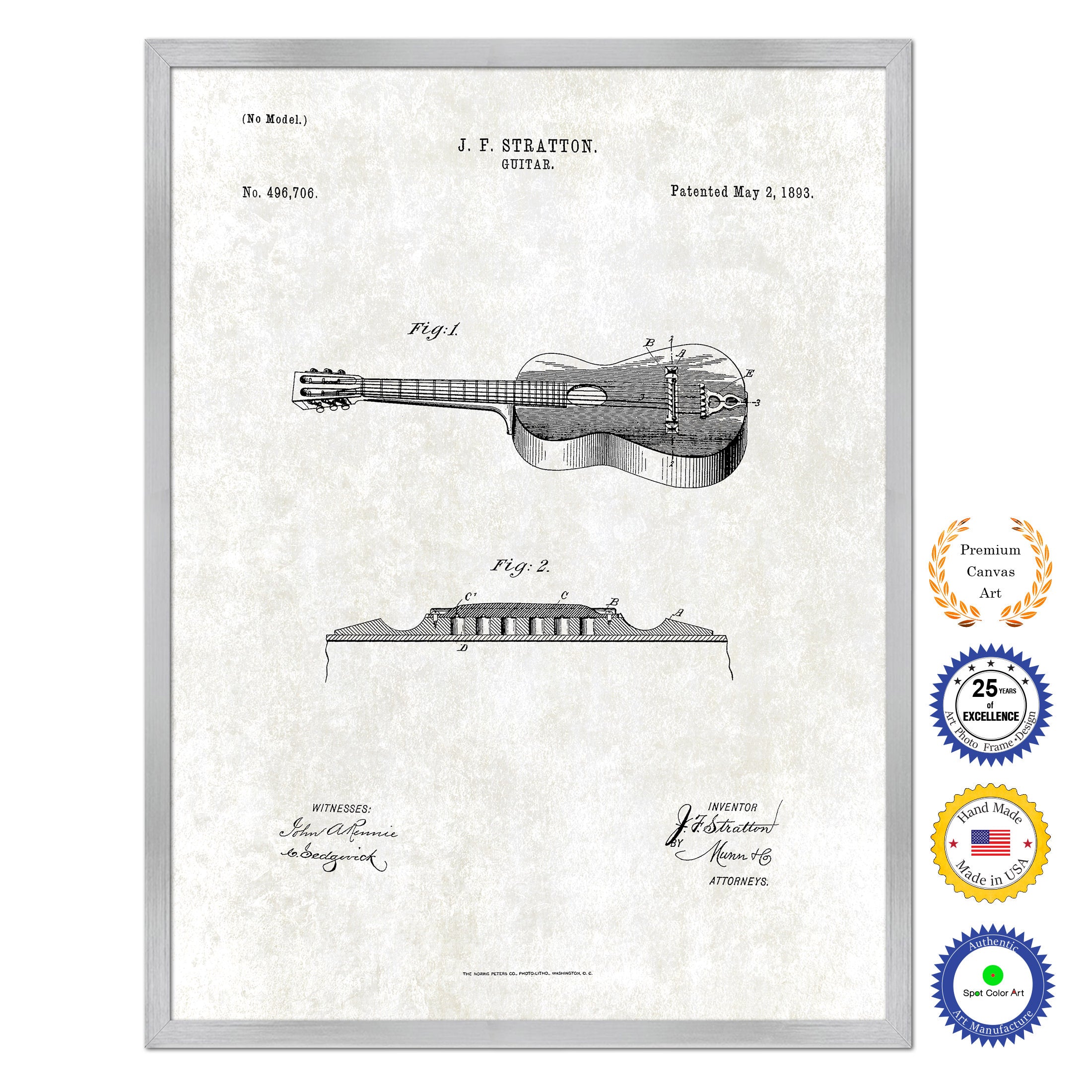 1893 Acoustic Guitar Old Patent Art Print on Canvas Custom Framed Vintage Home Decor Wall Decoration Great for Gifts