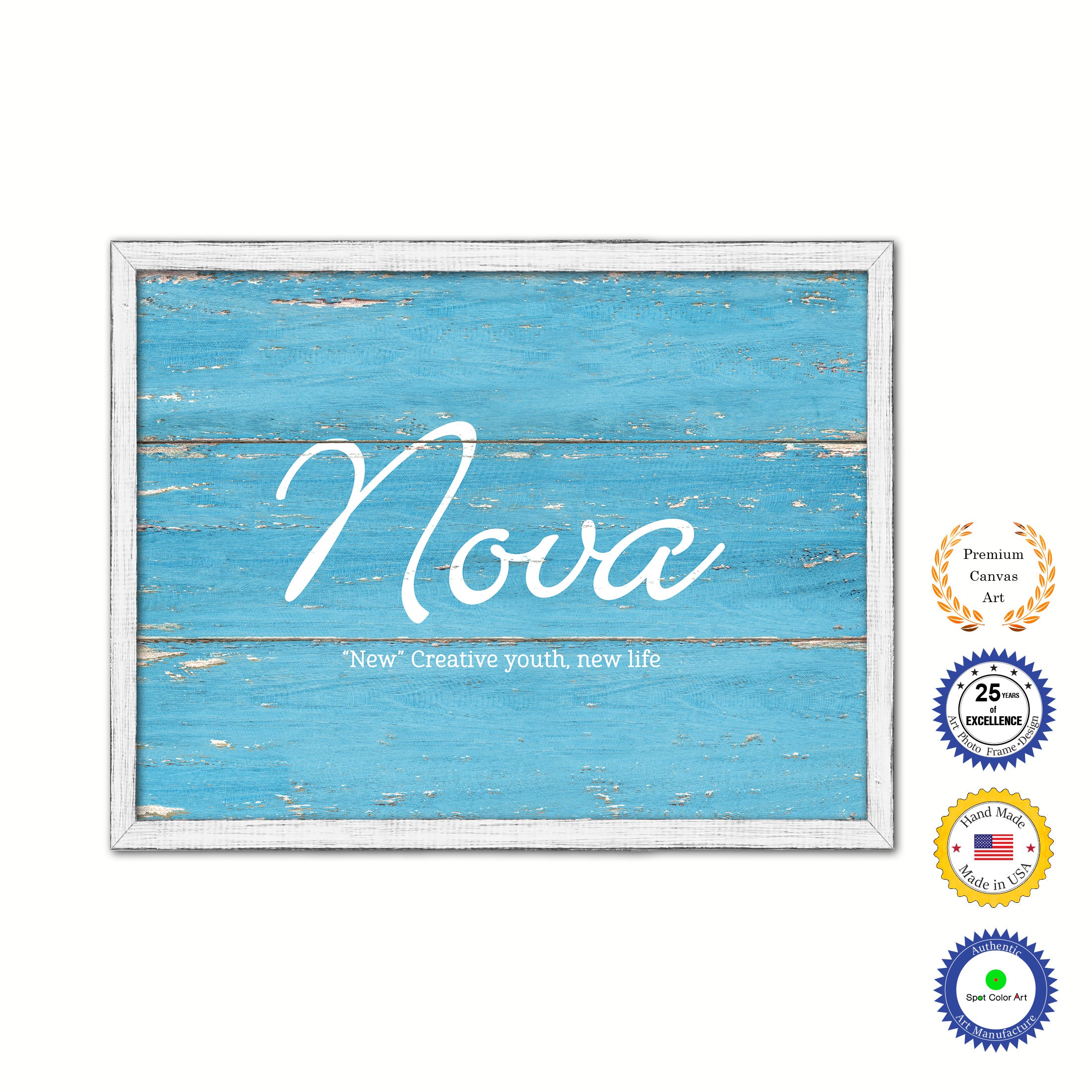 Nova Name Plate White Wash Wood Frame Canvas Print Boutique Cottage Decor Shabby Chic