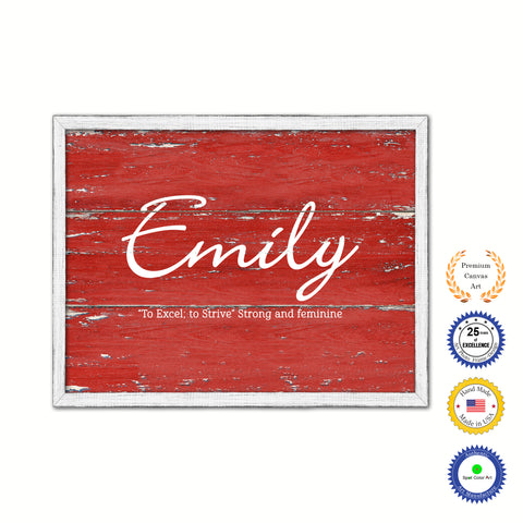 Emily Name Plate White Wash Wood Frame Canvas Print Boutique Cottage Decor Shabby Chic