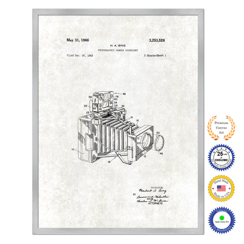 1966 Photographic Camera Accessory Antique Patent Artwork Silver Framed Canvas Print Home Office Decor Great Gift for Photographer