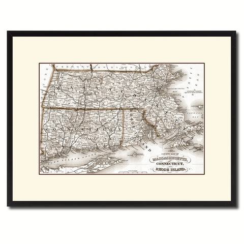 Massachusetts Connecticut Rhode Island Vintage Sepia Map Canvas Print, Picture Frame Gifts Home Decor Wall Art Decoration