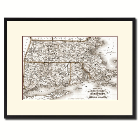 Massachusetts Connecticut Rhode Island Vintage Sepia Map Canvas Print, Picture Frame Gifts Home Decor Wall Art Decoration