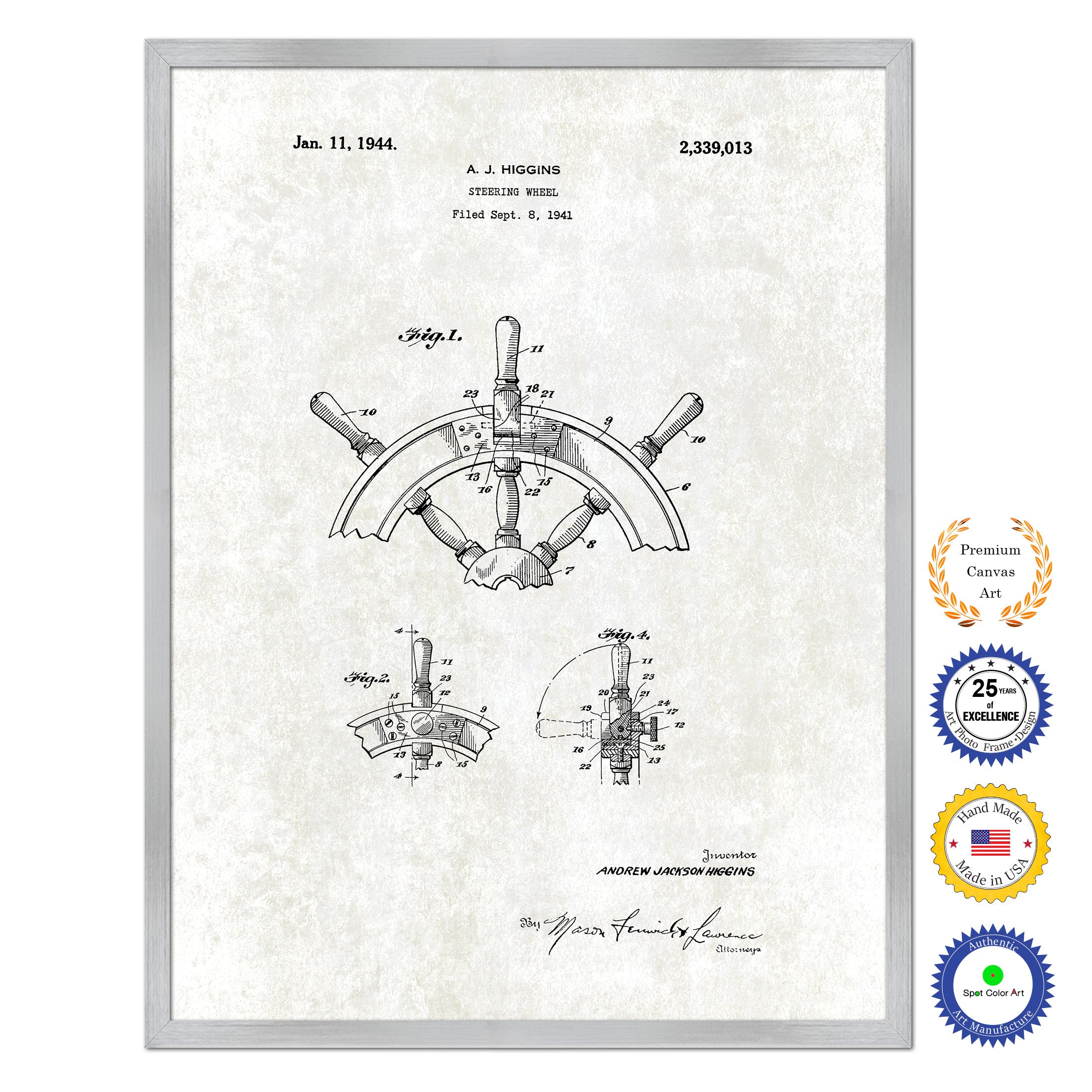 1941 Steering Wheel Old Patent Art Print on Canvas Custom Framed Vintage Home Decor Wall Decoration Great for Gifts