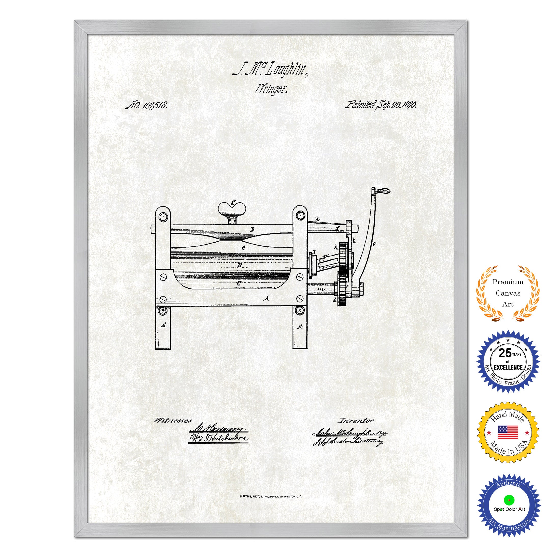 1870 Wringer Old Patent Art Print on Canvas Custom Framed Vintage Home Decor Wall Decoration Great for Gifts
