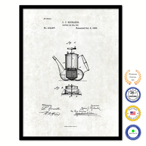 1889 Coffee or Tea Pot Vintage Patent Artwork Black Framed Canvas Print Home Office Decor Great for Coffee Lover Cafe Tea Shop