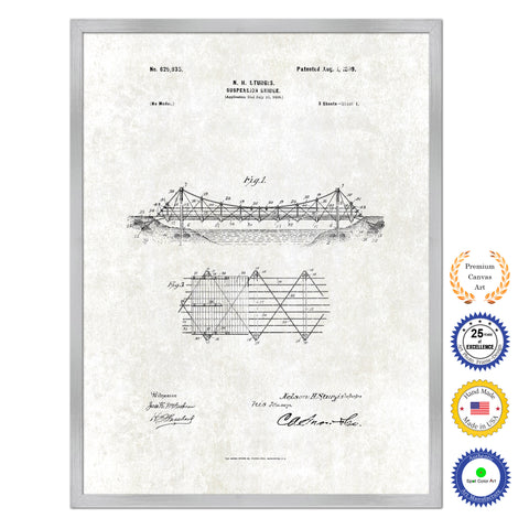 1899 Suspension Bridge Antique Patent Artwork Silver Framed Canvas Print Home Office Decor Great Gift for Engineers Architects Construction Workers