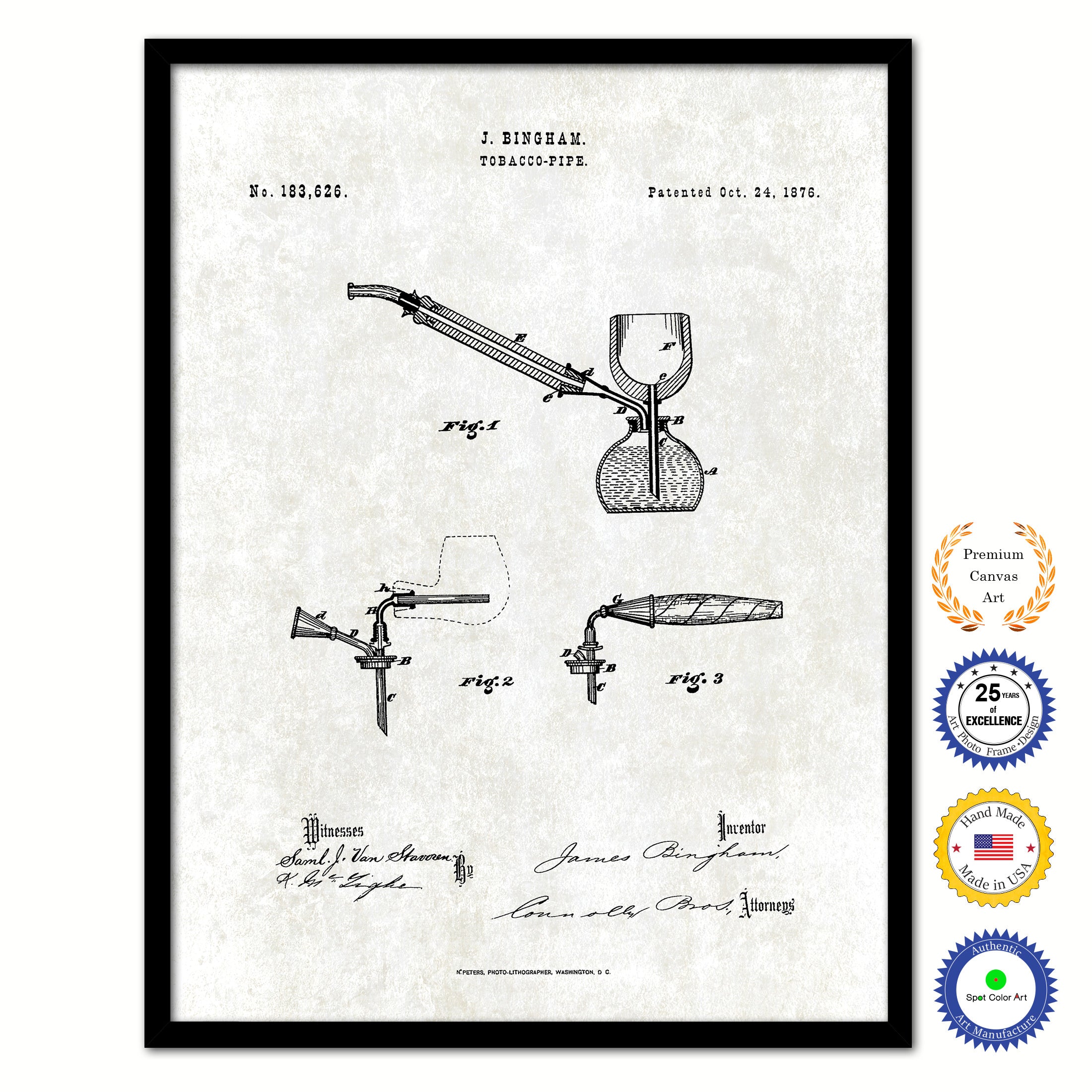 1876 Tobacco Pipe Old Patent Art Print on Canvas Custom Framed Vintage Home Decor Wall Decoration Great for Gifts