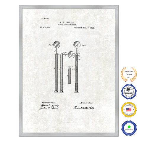 1892 Dentist Dental Mouth Mirror Antique Patent Artwork Silver Framed Canvas Print Home Office Decor Great for Dentist Orthodontist