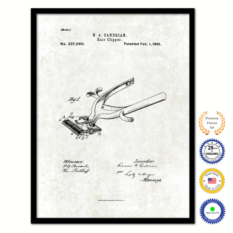 1881 Barber Hair Clipper Vintage Patent Artwork Black Framed Canvas Print Home Office Decor Great Gift for Barber Salon Hair Stylist