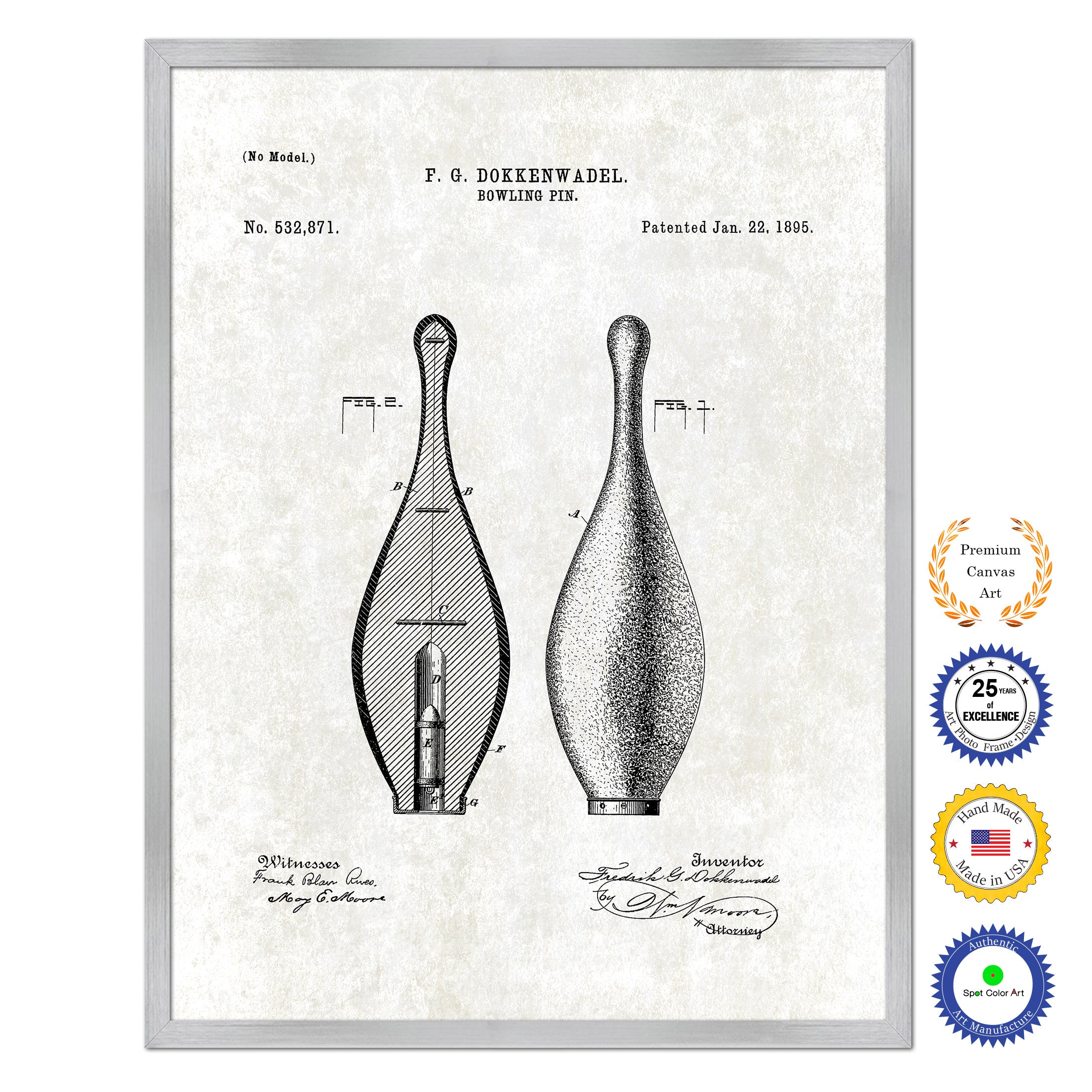 1895 Bowling Pin Old Patent Art Print on Canvas Custom Framed Vintage Home Decor Wall Decoration Great for Gifts