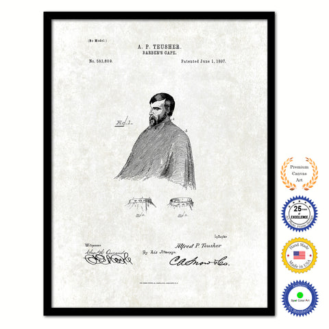 1897 Barber's Cape Vintage Patent Artwork Black Framed Canvas Print Home Office Decor Great Gift for Barber Salon Hair Stylist