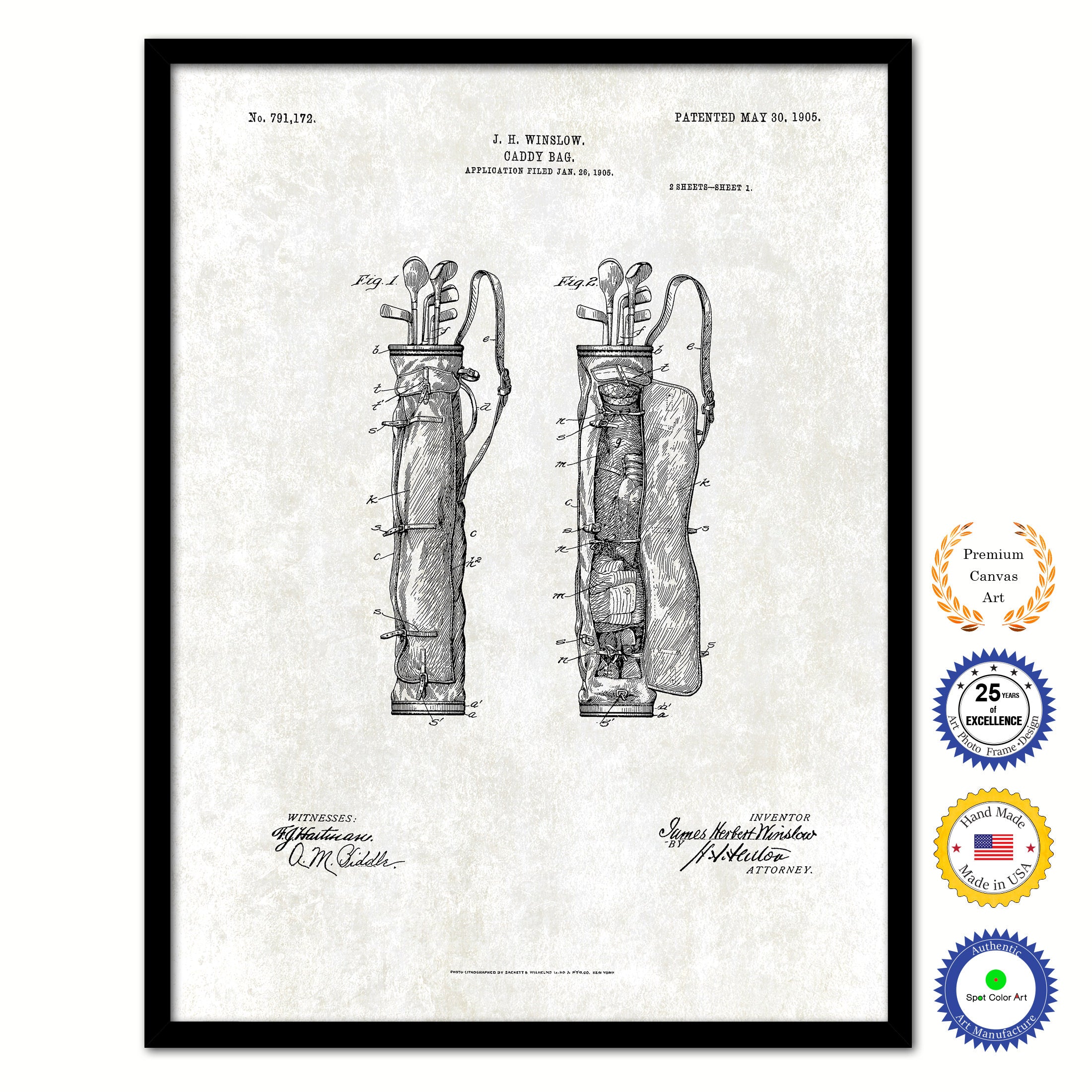 1905 Caddy Bag Old Patent Art Print on Canvas Custom Framed Vintage Home Decor Wall Decoration Great for Gifts