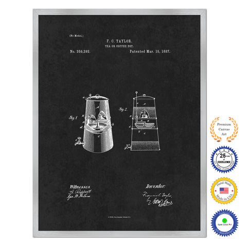 1887 Tea or Coffee Pot Antique Patent Artwork Silver Framed Canvas Home Office Decor Great for Coffee Lover Cafe Tea Shop