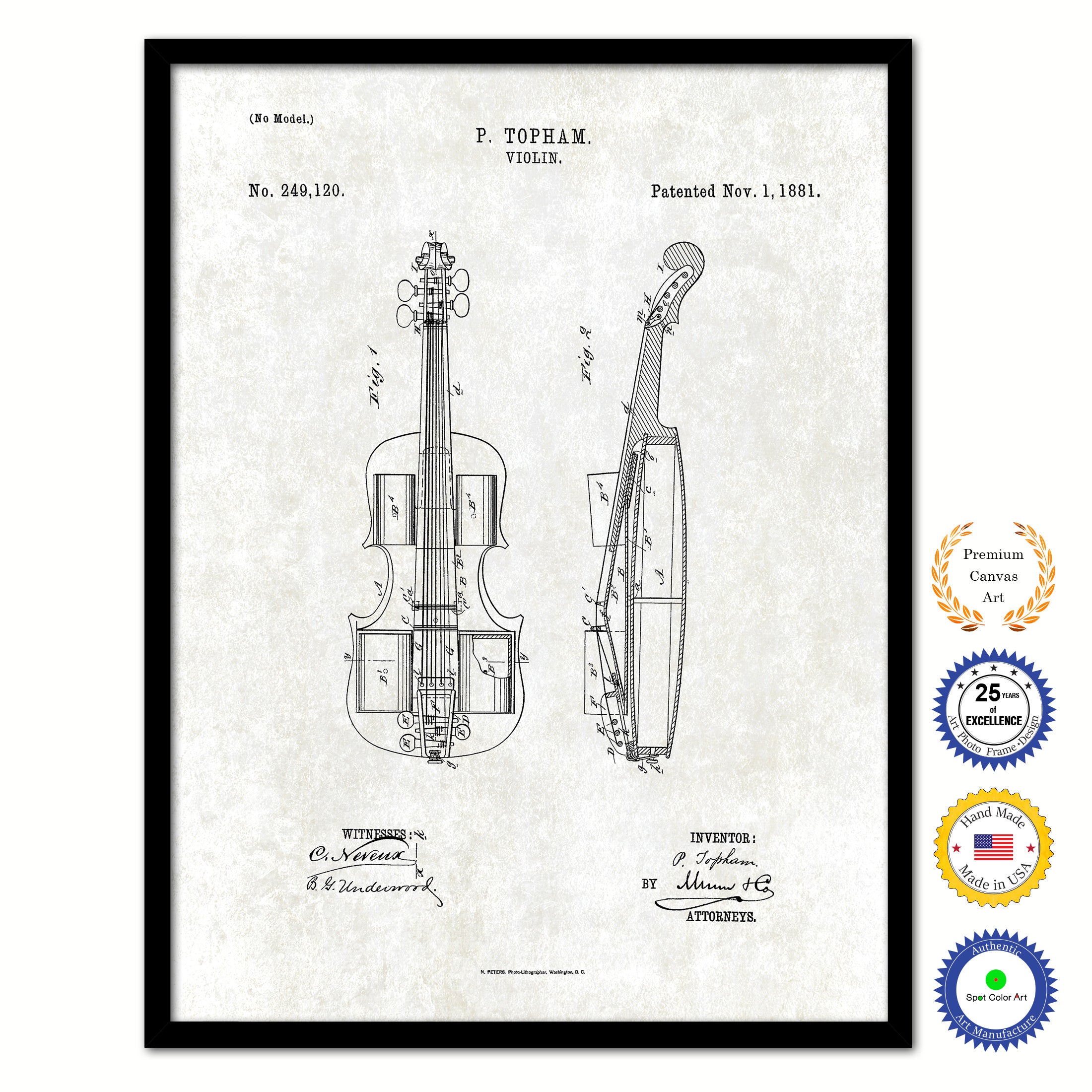 1881 Violin Old Patent Art Print on Canvas Custom Framed Vintage Home Decor Wall Decoration Great for Gifts