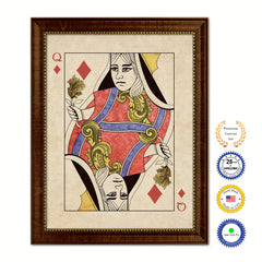 Queen Diamond Poker Decks of Vintage Cards Print on Canvas Brown Custom Framed