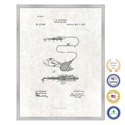1897 Dentist Dental Mallet Antique Patent Artwork Silver Framed Canvas Print Home Office Decor Great for Dentist Orthodontist
