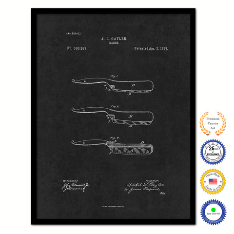 1888 Barber Razor Vintage Patent Artwork Black Framed Canvas Home Office Decor Great Gift for Barber Salon Hair Stylist
