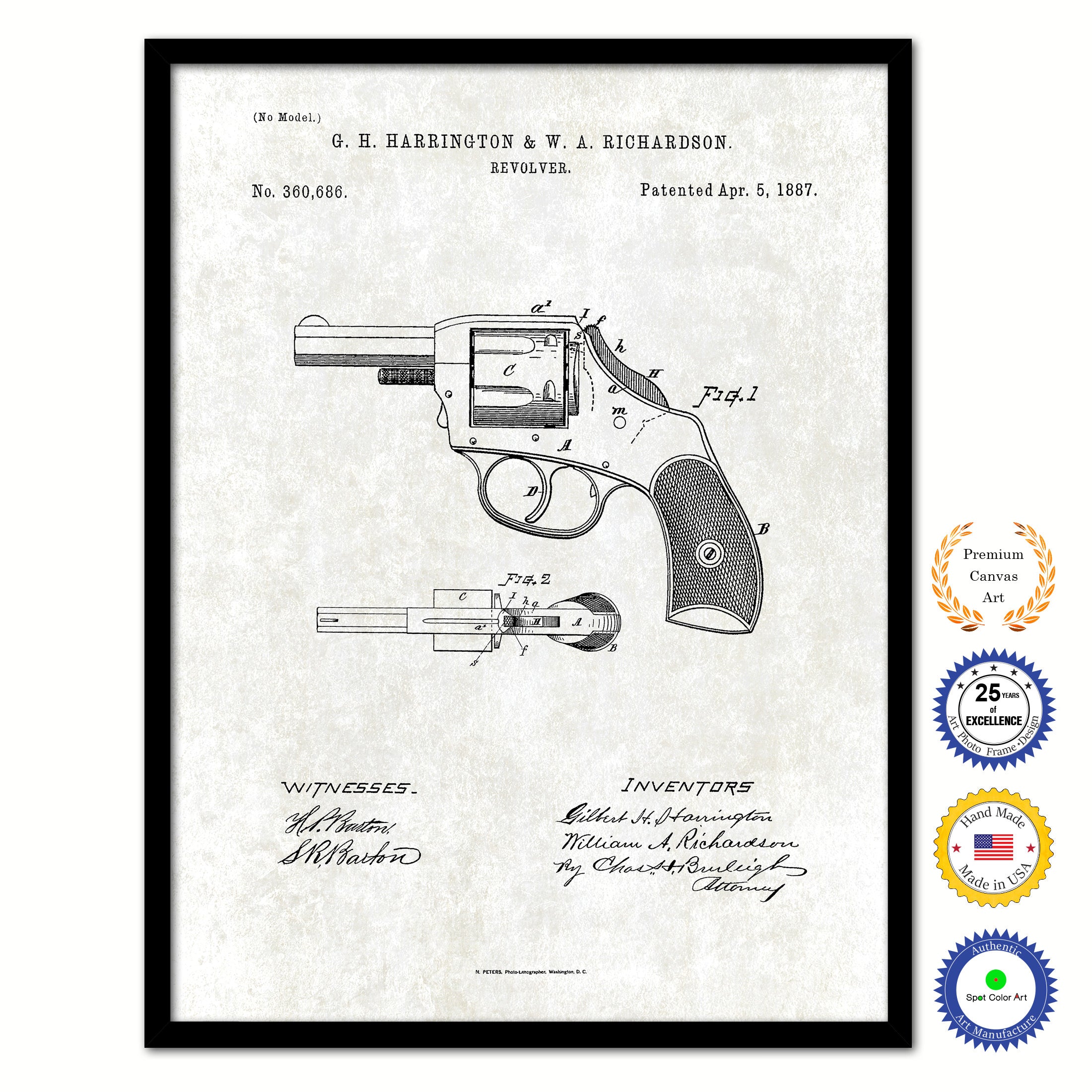 1887 Gun Revolver Old Patent Art Print on Canvas Custom Framed Vintage Home Decor Wall Decoration Great for Gifts