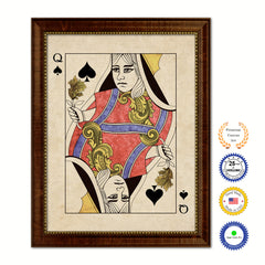 Queen Spades Poker Decks of Vintage Cards Print on Canvas Brown Custom Framed