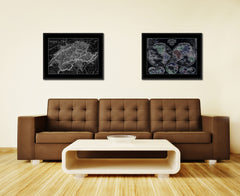 Switzerland Vintage Monochrome Map Canvas Print, Gifts Picture Frames Home Decor Wall Art